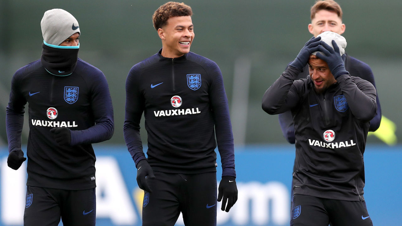 SAINT PETERSBURG, RUSSIA - JULY 02: Marcus Rashford of England, Dele Alli of England and Kyle Walker of England share a joke during the England training session at the Stadium Spartak Zelenogorsk on July 2, 2018 in Saint Petersburg, Russia.