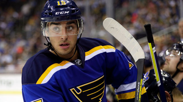 KANSAS CITY, MO - OCTOBER 05: Robby Fabbri #15 of the St. Louis Blues watches from the bench during the preseason game against Washington Capitals at Sprint Center on October 5, 2016 in Kansas City, Missouri.