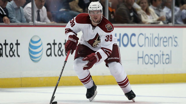 ANAHEIM, CA - SEPTEMBER 20: Nathan Oystrick #39 of the Phoenix Coyotes skates against the Anaheim Ducks at Honda Center on September 20, 2011 in Anaheim, California.