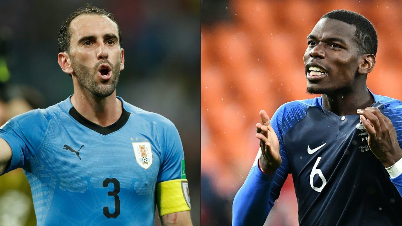 (COMBO) This combination of pictures created on July 03, 2018 shows Uruguay's defender Diego Godin (L) in Sochi on June 30, 2018, and France's midfielder Paul Pogba (R) in Ekaterinburg on June 21, 2018. - France will face Uruguay on July 6, 2018 in Nizhniy Novgorod for their quarter final match of the Russia 2018 World Cup football tournament. (Photos by Odd ANDERSEN and FRANCK FIFE / AFP) / RESTRICTED TO EDITORIAL USE - NO MOBILE PUSH ALERTS/DOWNLOADS RESTRICTED TO EDITORIAL USE - NO MOBILE PUSH ALERTS/DOWNLOADS