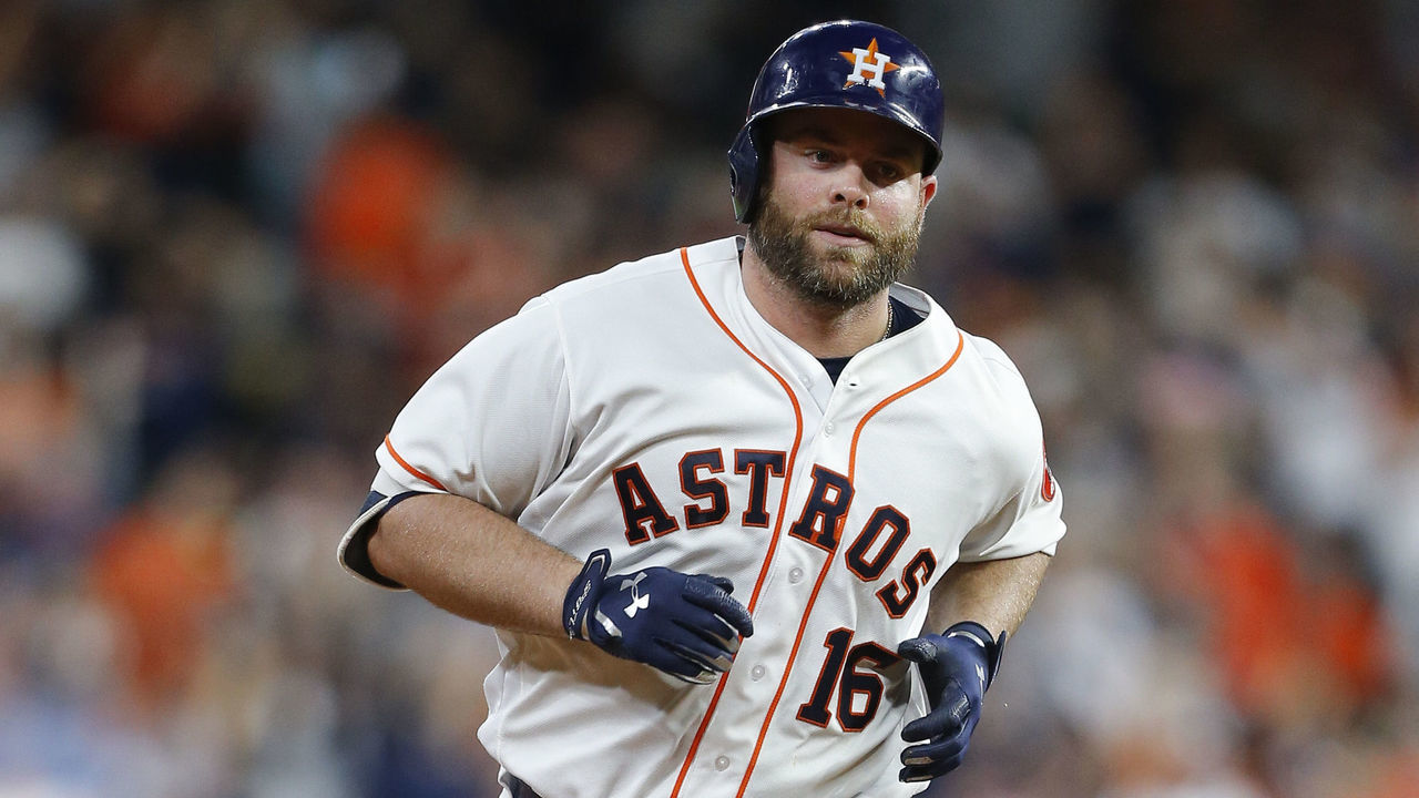 HOUSTON, TX - APRIL 24: Brian McCann #16 of the Houston Astros hits a home run in the sixth inning against the Los Angeles Angels of Anaheim at Minute Maid Park on April 24, 2018 in Houston, Texas.