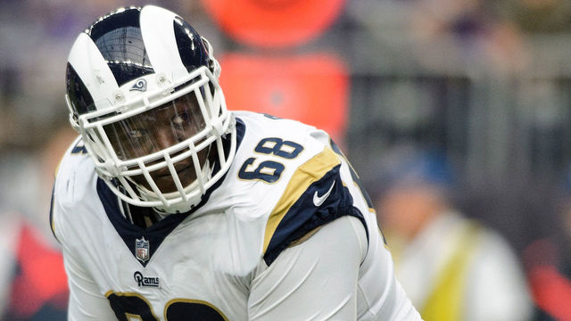MINNEAPOLIS, MN - NOVEMBER 19: Jamon Brown #68 of the Los Angeles Rams looks on from the line of scrimmage against the Minnesota Vikings during the game on November 19, 2017 at US Bank Stadium in Minneapolis, Minnesota.
