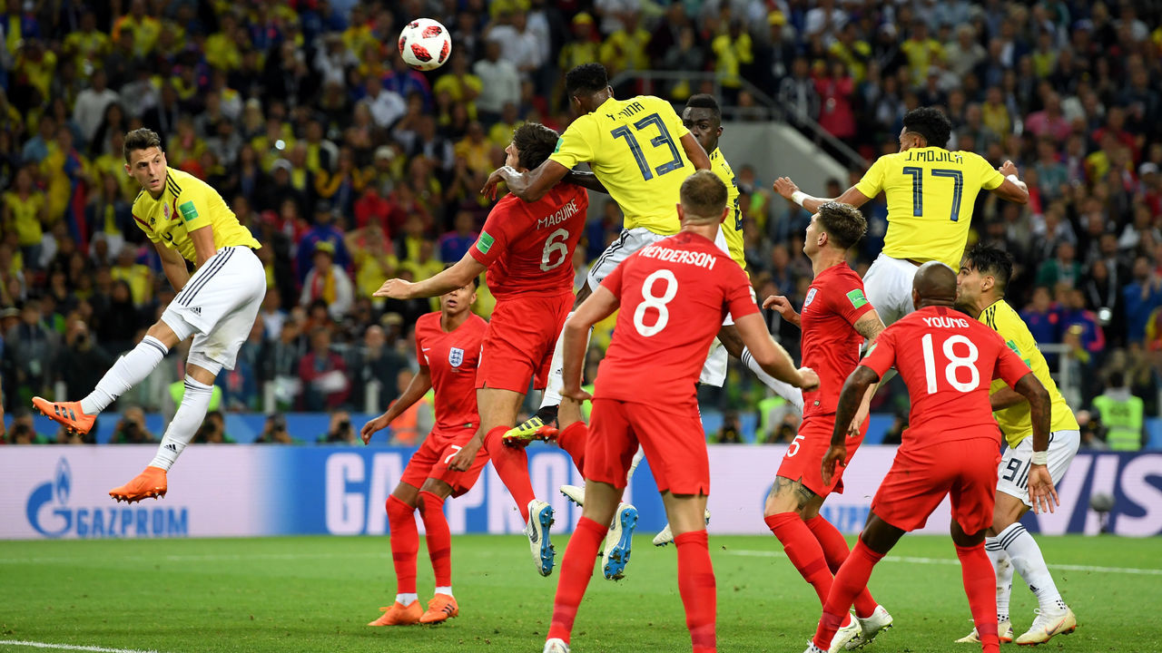 MOSCOW, RUSSIA - JULY 03: Yerry Mina of Colombia scores his team's first goal during the 2018 FIFA World Cup Russia Round of 16 match between Colombia and England at Spartak Stadium on July 3, 2018 in Moscow, Russia.