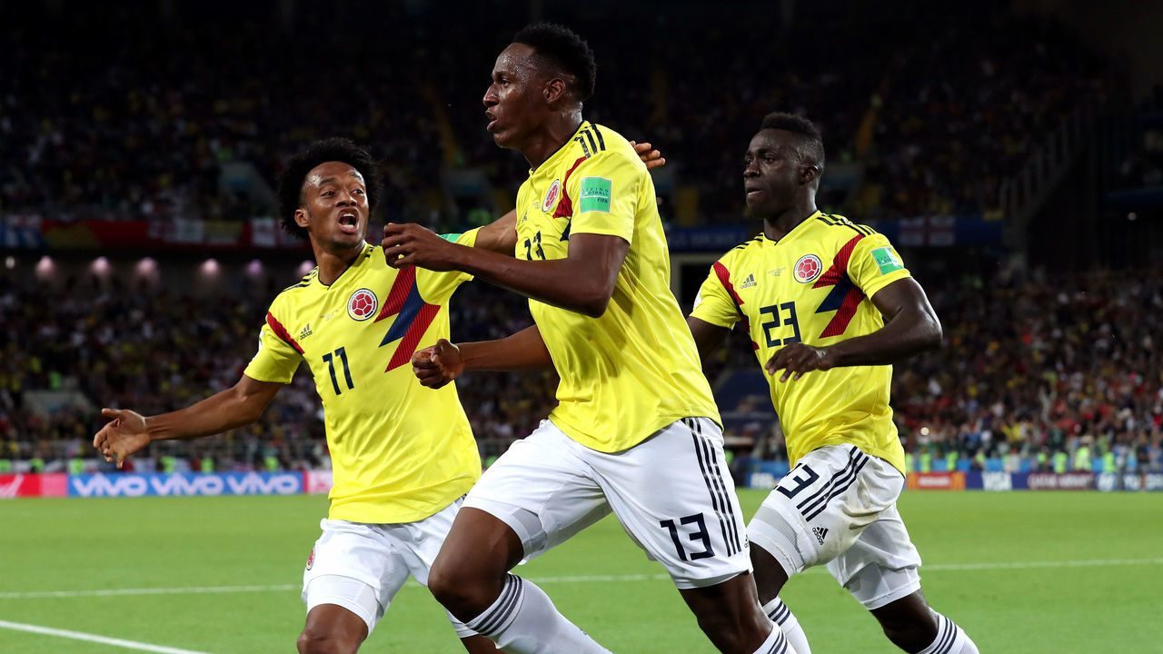 MOSCOW, RUSSIA - JULY 03: Yerry Mina of Colombia celebrates after scoring his team's first goal during the 2018 FIFA World Cup Russia Round of 16 match between Colombia and England at Spartak Stadium on July 3, 2018 in Moscow, Russia.