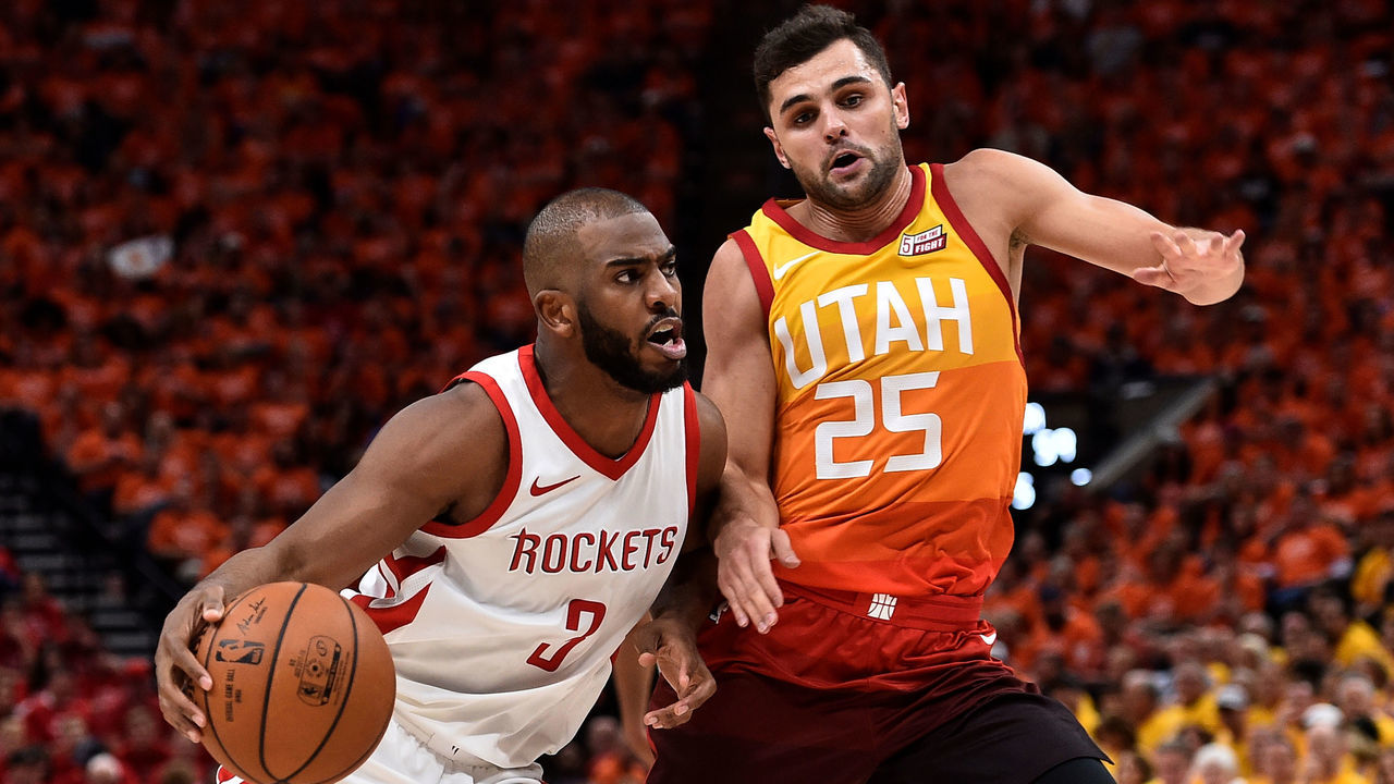 SALT LAKE CITY, UT - MAY 04: Chris Paul #3 of the Houston Rockets drives around the defense of Raul Neto #25 of the Utah Jazz in the second half during Game Three of Round Two of the 2018 NBA Playoffs at Vivint Smart Home Arena on May 4, 2018 in Salt Lake City, Utah. The Rockets beat the Jazz 113-92.