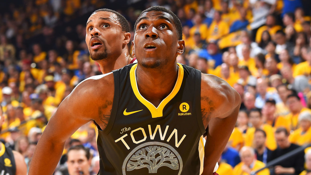 OAKLAND, CA - June 3: Kevon Looney #5 of the Golden State Warriors boxes out George Hill #3 of the Cleveland Cavaliers in Game Two of the 2018 NBA Finals on June 3, 2018 at ORACLE Arena in Oakland, California. NOTE TO USER: User expressly acknowledges and agrees that, by downloading and/or using this photograph, user is consenting to the terms and conditions of the Getty Images License Agreement. Mandatory Copyright Notice: Copyright 2018 NBAE