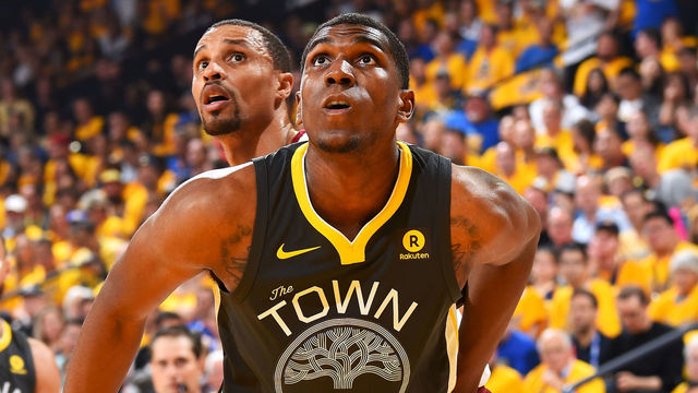 OAKLAND, CA - June 3: Kevon Looney #5 of the Golden State Warriors boxes out George Hill #3 of the Cleveland Cavaliers in Game Two of the 2018 NBA Finals on June 3, 2018 at ORACLE Arena in Oakland, California. NOTE TO USER: User expressly acknowledges and agrees that, by downloading and/or using this photograph, user is consenting to the terms and conditions of the Getty Images License Agreement. Mandatory Copyright Notice: Copyright 2018 NBAE