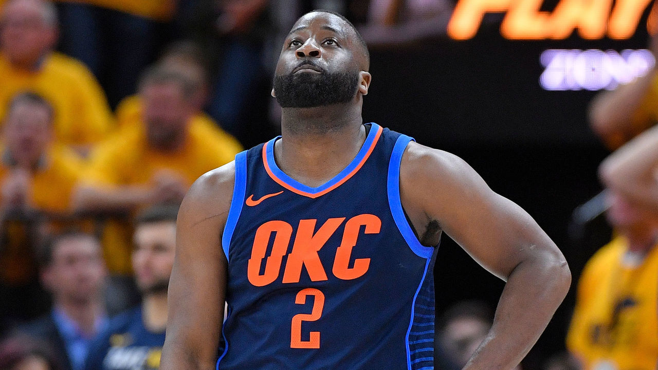 SALT LAKE CITY, UT - APRIL 27: Raymond Felton #2 of the Oklahoma City Thunder looks to the scoreboard in the second half during Game Six of Round One of the 2018 NBA Playoffs against the Utah Jazz at Vivint Smart Home Arena on April 27, 2018 in Salt Lake City, Utah. The Jazz beat the Thunder 96-91 to advance to the second round of the NBA Playoffs.