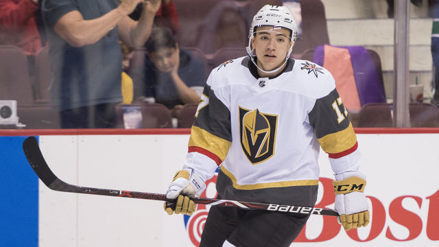 VANCOUVER, BC - SEPTEMBER 17: Nick Suzuki #17 of the Vegas Golden Knights skates before a game against the Vancouver Canucks in NHL pre-season action on September 17, 2017 at Rogers Arena in Vancouver, British Columbia, Canada. *** Local Caption ***