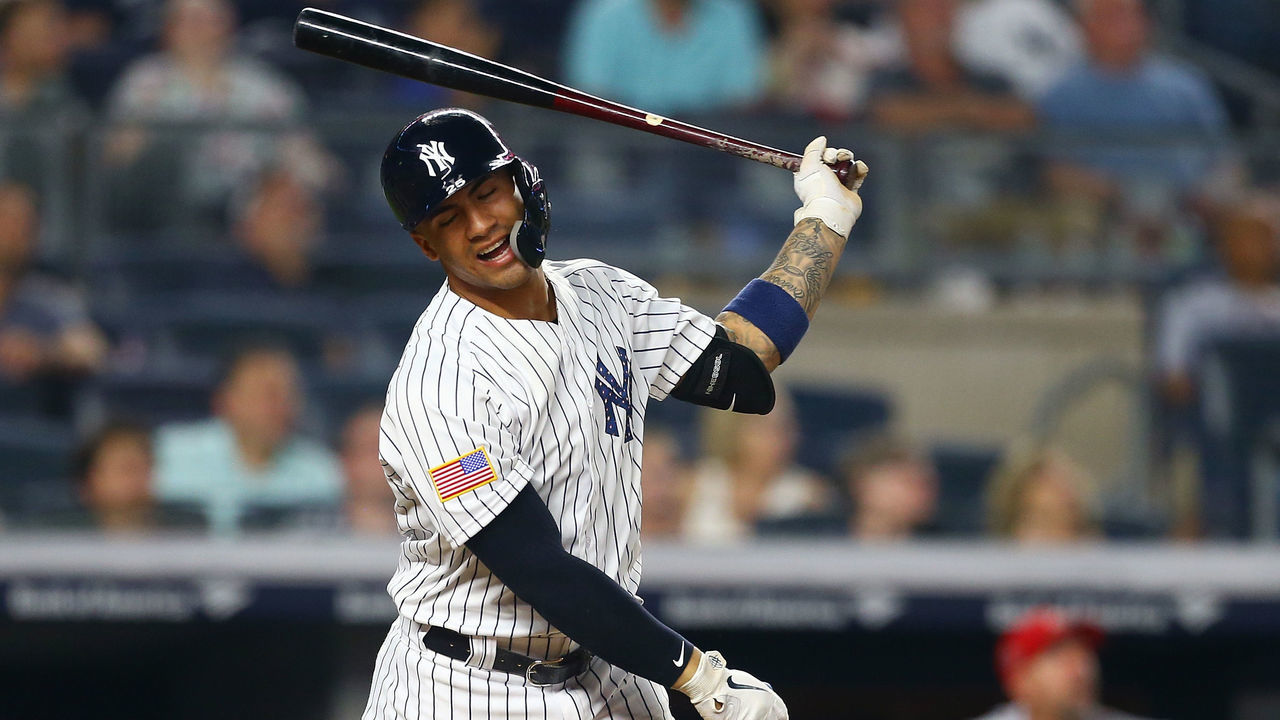 NEW YORK, NY - JULY 02: Gleyber Torres #25 of the New York Yankees reacts after striking out in the bottom of the eleventh inning against the Atlanta Braves at Yankee Stadium on July 2, 2018 in the Bronx borough of New York City.