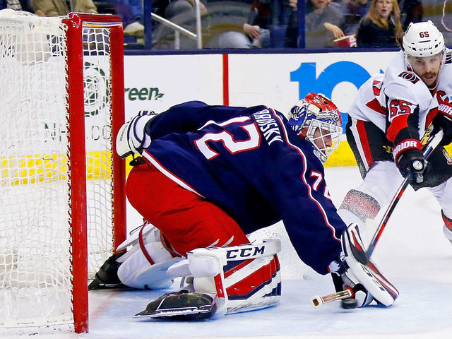 COLUMBUS, OH - MARCH 17: Sergei Bobrovsky #72 of the Columbus Blue Jackets stops a shot from Erik Karlsson #65 of the Ottawa Senators during the first period on March 17, 2018 at Nationwide Arena in Columbus, Ohio.
