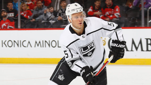 NEWARK, NJ - DECEMBER 12: Christian Folin #5 of the Los Angeles Kings skates against the New Jersey Devils at the Prudential Center on December 12, 2017 in Newark, New Jersey.