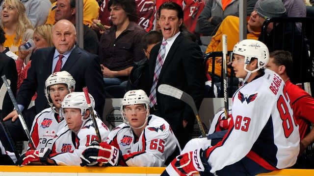 NASHVILLE, TN - JANUARY 16: Head coach Barry Trotz and assistant coach Lane Lambert of the Washington Capitals reacts during a game against the Nashville Predators during the second period at Bridgestone Arena on January 16, 2015 in Nashville, Tennessee.