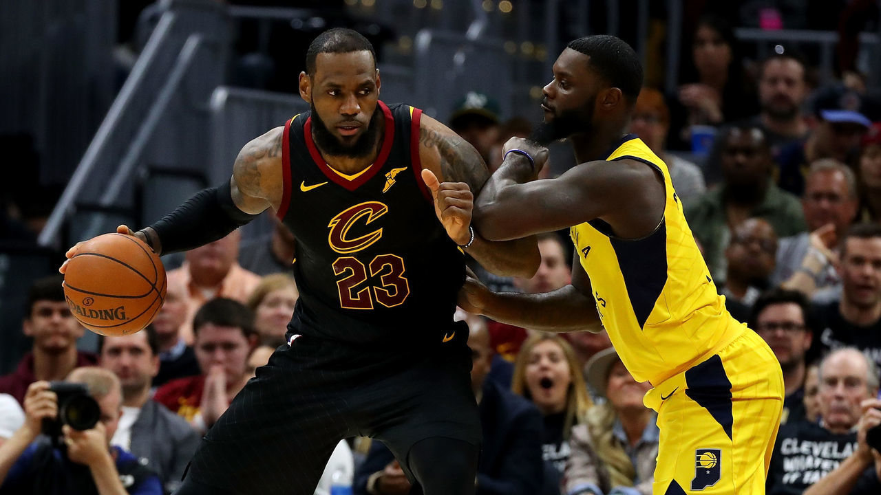 CLEVELAND, OH - APRIL 29: LeBron James #23 of the Cleveland Cavaliers tries to get around Lance Stephenson #1 of the Indiana Pacers during the first half in Game Seven of the Eastern Conference Quarterfinals during the 2018 NBA Playoffs at Quicken Loans Arena on April 29, 2018 in Cleveland, Ohio.