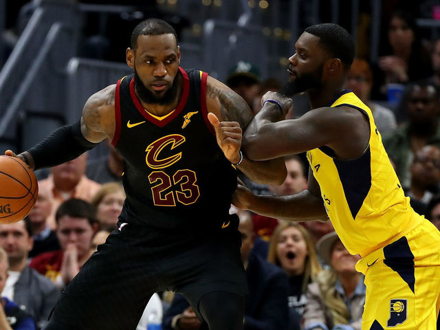 CLEVELAND, OH - APRIL 29: LeBron James #23 of the Cleveland Cavaliers tries to get around Lance Stephenson #1 of the Indiana Pacers during the first half in Game Seven of the Eastern Conference Quarterfinals during the 2018 NBA Playoffs at Quicken Loans Arena on April 29, 2018 in Cleveland, Ohio.