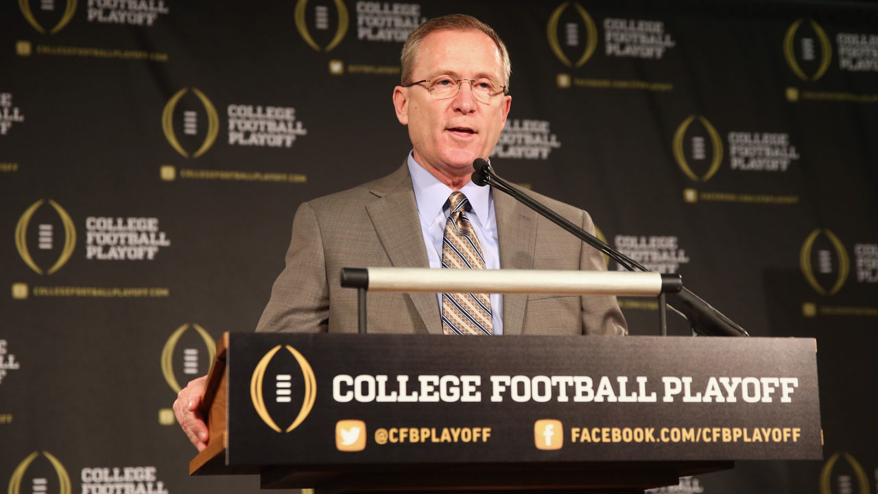 IRVING, TX - OCTOBER 16: Jeff Long answers questions from the media after being named the chairman of the College Football Playoff selection committee on October 16, 2013 in Irving, Texas. Condoleezza Rice, Stanford University professor and former United States Secretary of State, was also chosen to serve as one of the 13 members that will select four teams to compete in the first playoff at the end of the 2014 season.