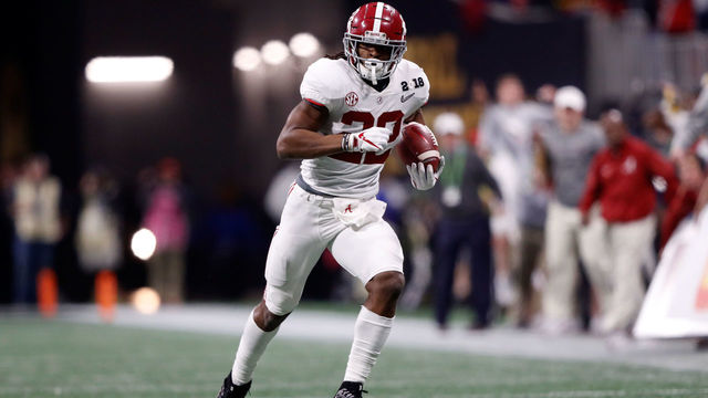 ATLANTA, GA - JANUARY 08: Najee Harris #22 of the Alabama Crimson Tide runs the ball during the second half against the Georgia Bulldogs in the CFP National Championship presented by AT&T at Mercedes-Benz Stadium on January 8, 2018 in Atlanta, Georgia.