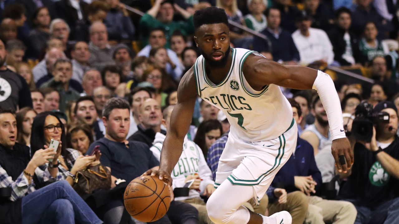 BOSTON, MA - NOVEMBER 30: Jaylen Brown #7 of the Boston Celtics dribbles against the Philadelphia 76ers during the second quarter at TD Garden on November 30, 2017 in Boston, Massachusetts.