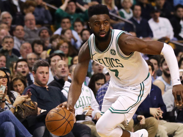 BOSTON, MA - NOVEMBER 30: Jaylen Brown #7 of the Boston Celtics dribbles against the Philadelphia 76ers during the second quarter at TD Garden on November 30, 2017 in Boston, Massachusetts.