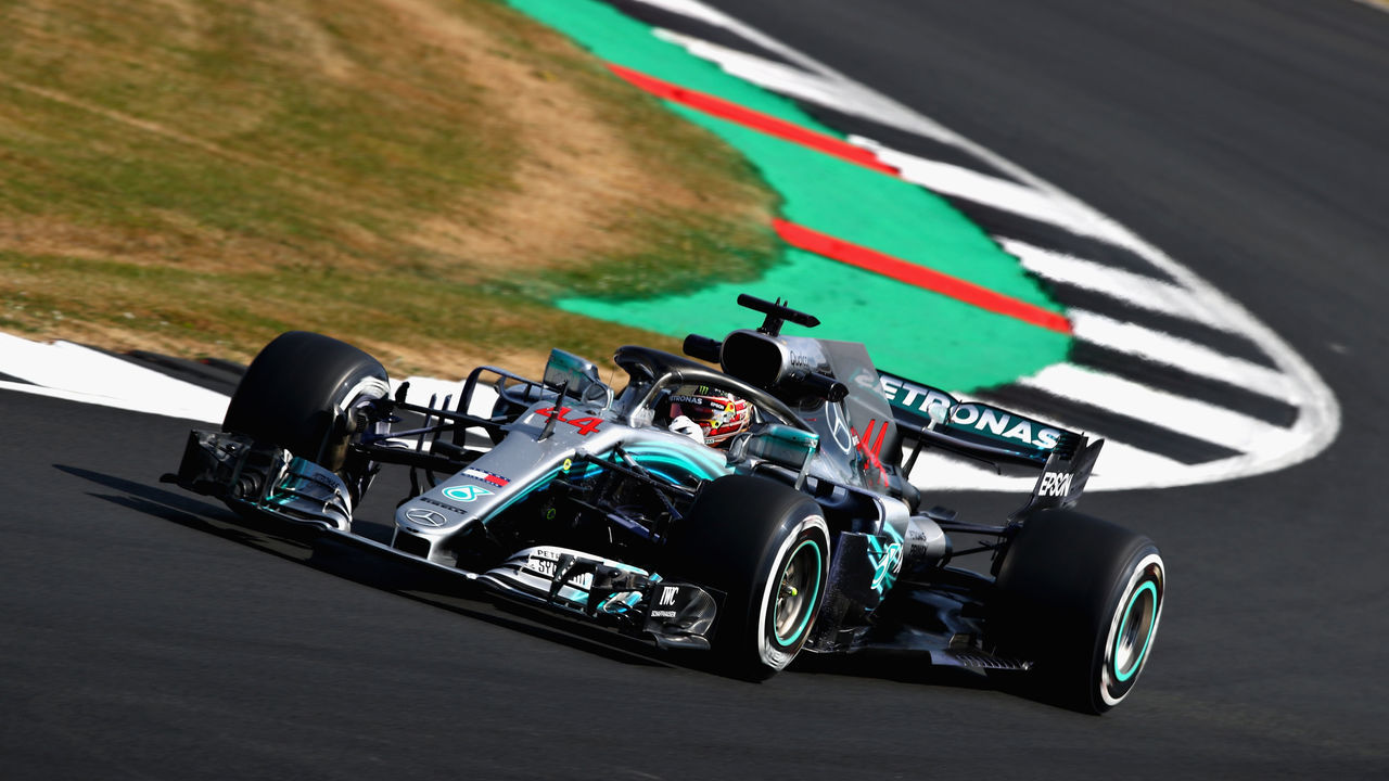 NORTHAMPTON, ENGLAND - JULY 06: Lewis Hamilton of Great Britain driving the (44) Mercedes AMG Petronas F1 Team Mercedes WO9 on track during practice for the Formula One Grand Prix of Great Britain at Silverstone on July 6, 2018 in Northampton, England.