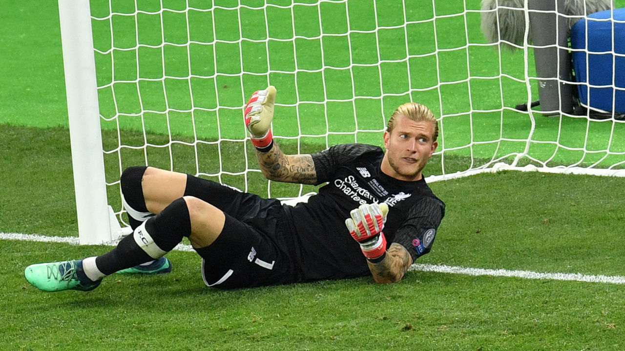 Liverpool's German goalkeeper Loris Karius lays in front of his goal during the UEFA Champions League final football match between Liverpool and Real Madrid at the Olympic Stadium in Kiev, Ukraine on May 26, 2018.