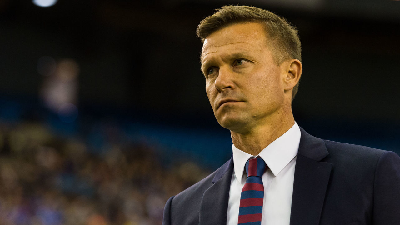 MONTREAL, QC - MARCH 12: Jesse Marsch head coach of the New York Red Bulls looks on during the MLS game against the Montreal Impact at the Olympic Stadium on March 12, 2016 in Montreal, Quebec, Canada. The Montreal Impact defeated the New York Red Bulls 3-0.