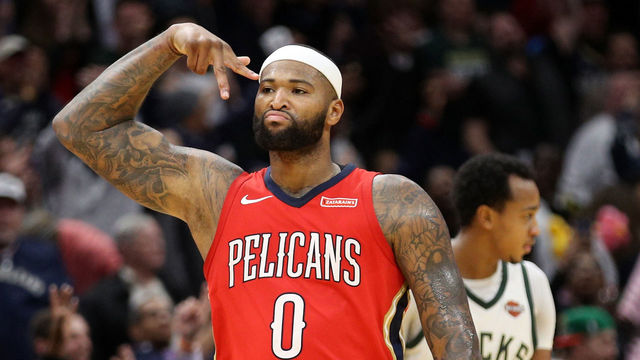 NEW ORLEANS, LA - DECEMBER 13: DeMarcus Cousins #0 of the New Orleans Pelicans reacts after a three point shot against the Milwaukee Bucks at Smoothie King Center on December 13, 2017 in New Orleans, Louisiana.