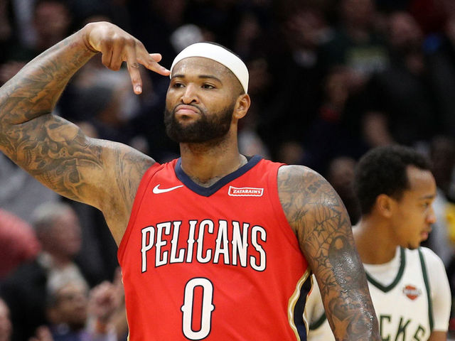 NEW ORLEANS, LA - DECEMBER 13: DeMarcus Cousins #0 of the New Orleans Pelicans reacts after a three point shot against the Milwaukee Bucks at Smoothie King Center on December 13, 2017 in New Orleans, Louisiana.