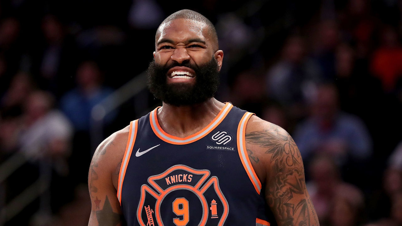 NEW YORK, NY - MARCH 31: Kyle O'Quinn #9 of the New York Knicks reacts in the third quarter against the Detroit Pistons during their game at Madison Square Garden on March 31, 2018 in New York City.