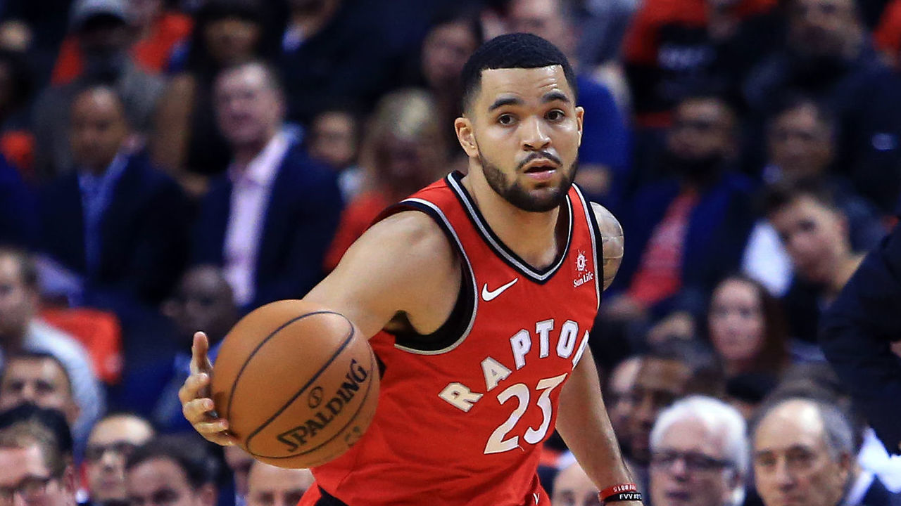 TORONTO, ON - OCTOBER 19: Fred VanVleet #23 of the Toronto Raptors dribbles the ball during the second half of an NBA game against the Chicago Bulls at Air Canada Centre on October 19, 2017 in Toronto, Canada.