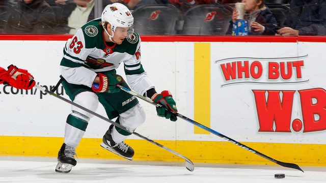 NEWARK, NJ - FEBRUARY 22: Tyler Ennis #63 of the Minnesota Wild in action against the New Jersey Devils on February 22, 2018 at Prudential Center in Newark, New Jersey.