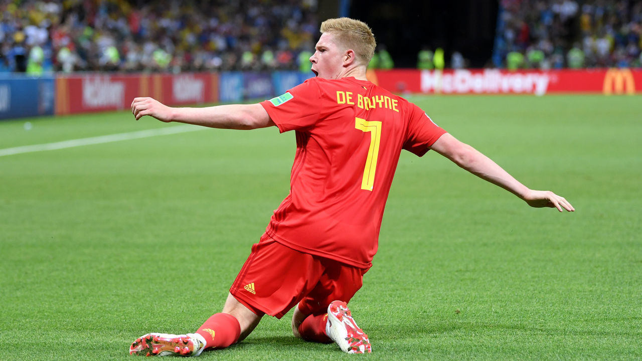 KAZAN, RUSSIA - JULY 06: Kevin De Bruyne of Belgium celebrates after scoring his team's second goal during the 2018 FIFA World Cup Russia Quarter Final match between Brazil and Belgium at Kazan Arena on July 6, 2018 in Kazan, Russia.