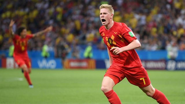 KAZAN, RUSSIA - JULY 06: Kevin De Bruyne of Belgium celebrates after scoring his team's second goal during the 2018 FIFA World Cup Russia Quarter Final match between Brazil and Belgium at Kazan Arena on July 6, 2018 in Kazan, Russia.
