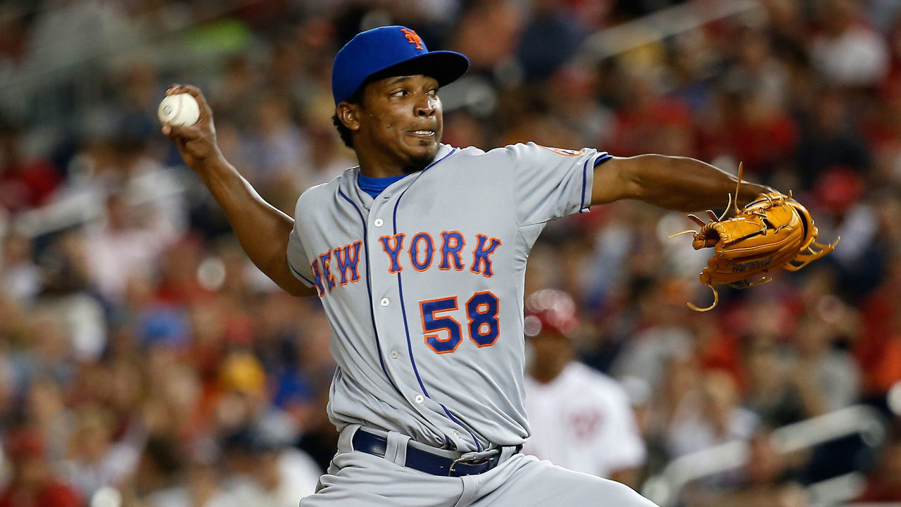 WASHINGTON, DC - JULY 21: Pitcher Jenrry Mejia #58 of the New York Mets throws to a Washington Nationals batter in the seventh inning of the Mets 7-2 win at Nationals Park on July 21, 2015 in Washington, DC.