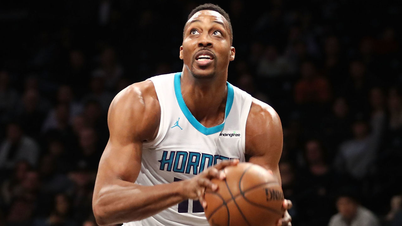 NEW YORK, NY - MARCH 21: Dwight Howard #12 of the Charlotte Hornets looks to take a shot against the Brooklyn Nets in the fourth quarter during their game at Barclays Center on March 21, 2018 in the Brooklyn borough of New York City.
