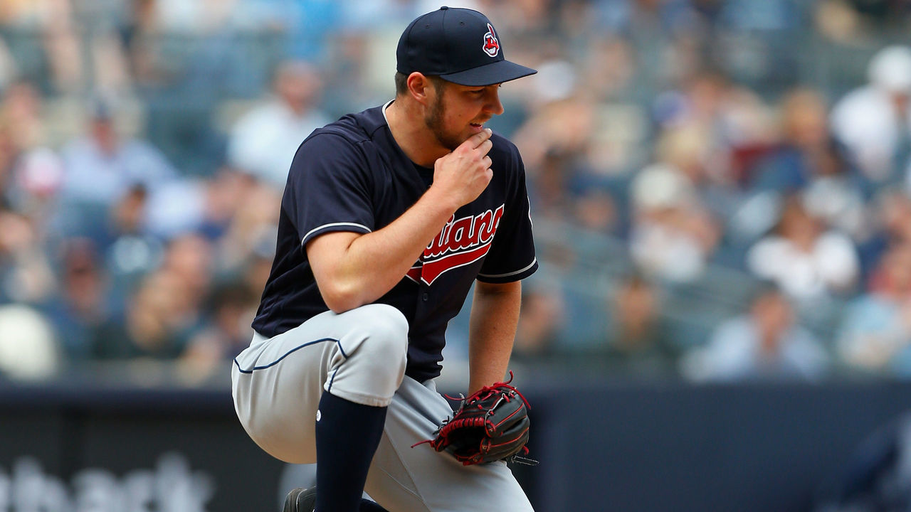 NEW YORK, NY - MAY 05: Trevor Bauer #47 of the Cleveland Indians reacts on the mound after giving up a second walk in the fifth inning against the New York Yankees at Yankee Stadium on May 5, 2018 in the Bronx borough of New York City.