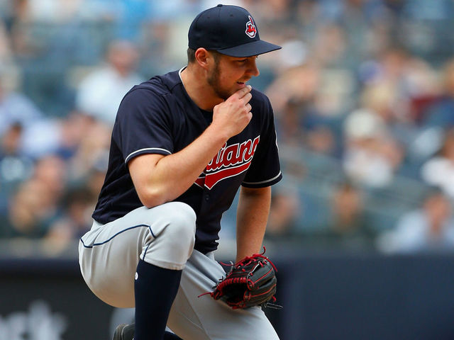 NEW YORK, NY - MAY 05: Trevor Bauer #47 of the Cleveland Indians reacts on the mound after giving up a second walk in the fifth inning against the New York Yankees at Yankee Stadium on May 5, 2018 in the Bronx borough of New York City.