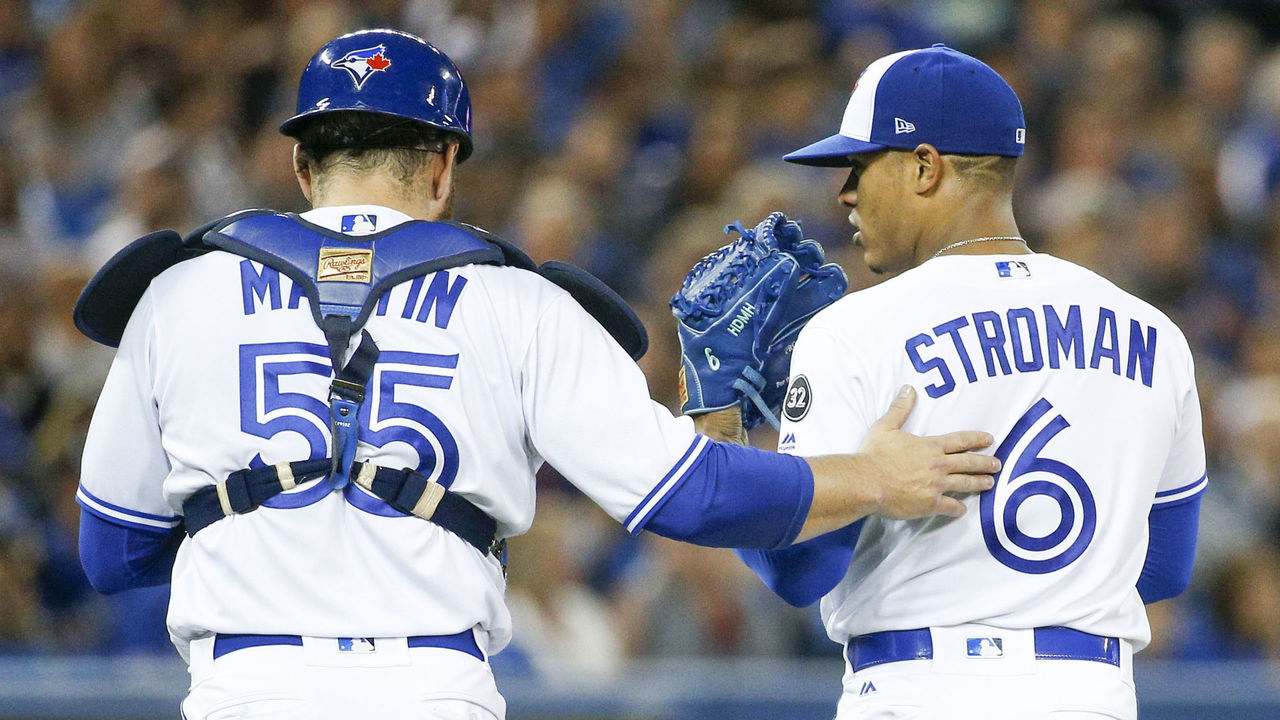 TORONTO, ON - MAY 8 - Blue Jays catcher Russell Martin chats with pitcher Marcus Stroman during the 5th inning of MLB action as the Toronto Blue Jays host the Seattle Mariners at the Rogers Centre on May 8, 2018. (Carlos Osorio/Toronto Star via Getty Images)