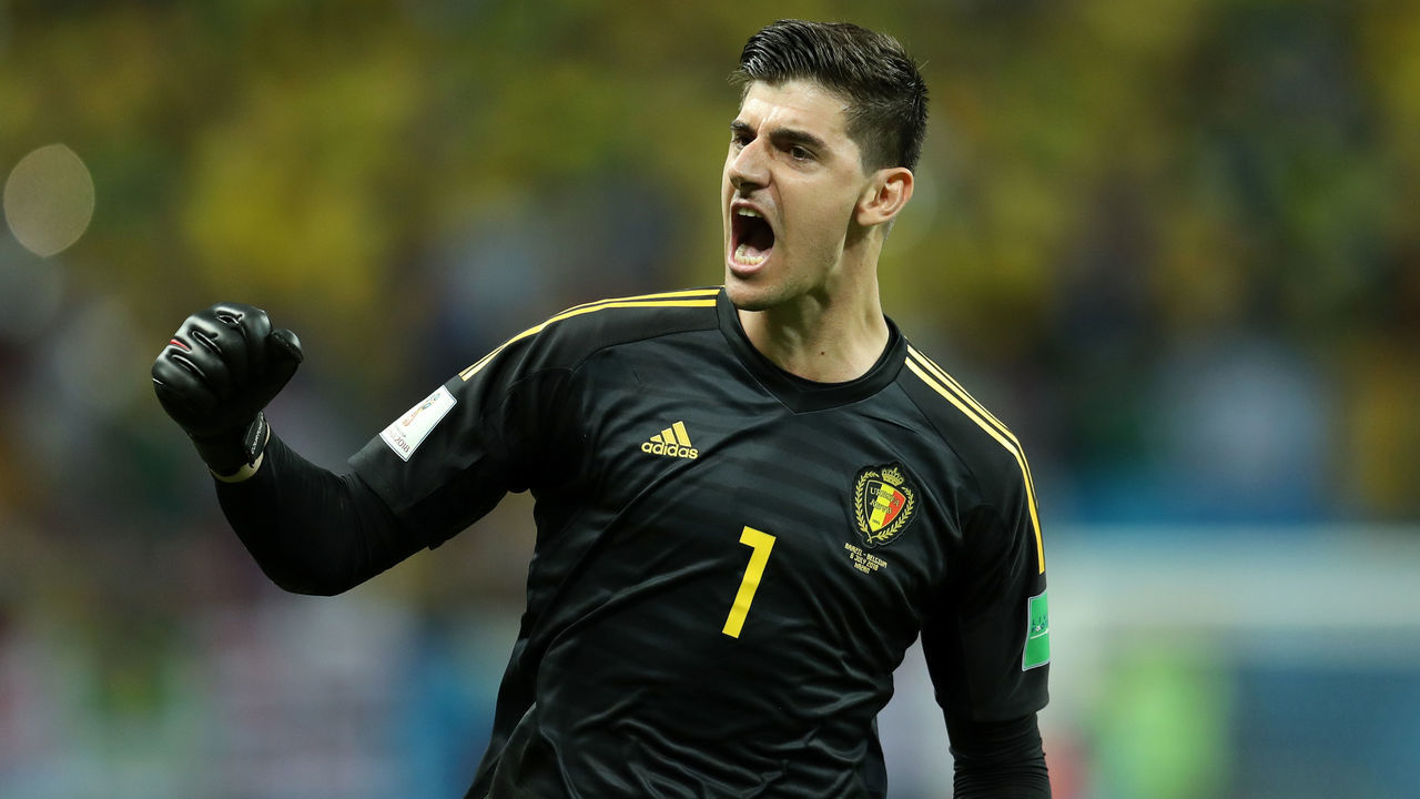 KAZAN, RUSSIA - JULY 06: Thibaut Courtois of Belgium celebrates his team's second goal during the 2018 FIFA World Cup Russia Quarter Final match between Brazil and Belgium at Kazan Arena on July 6, 2018 in Kazan, Russia.