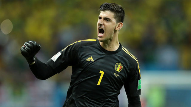 KAZAN, RUSSIA - JULY 06: Thibaut Courtois of Belgium celebrates his team's second goal during the 2018 FIFA World Cup Russia Quarter Final match between Brazil and Belgium at Kazan Arena on July 6, 2018 in Kazan, Russia.