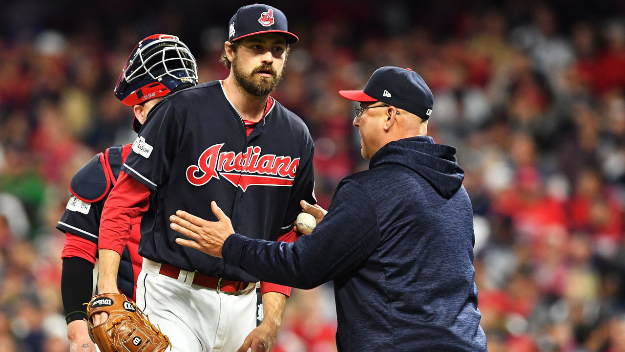 CLEVELAND, OH - OCTOBER 11: Andrew Miller #24 of the Cleveland Indians is pulled from the game by manager Terry Francona #17 in the sixth inning against the New York Yankees in Game Five of the American League Divisional Series at Progressive Field on October 11, 2017 in Cleveland, Ohio.