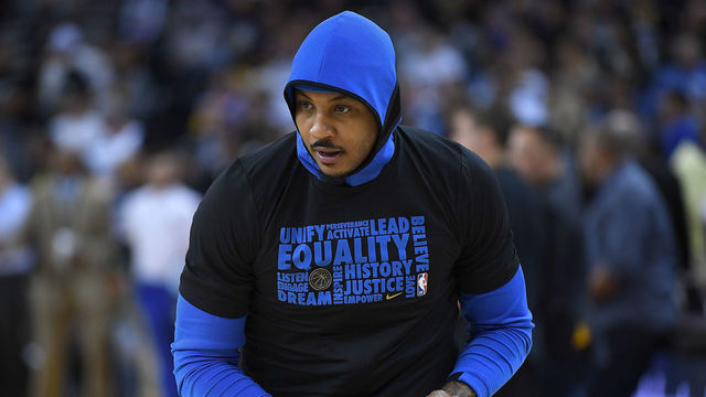 OAKLAND, CA - FEBRUARY 06: Carmelo Anthony #7 of the Oklahoma City Thunder warms up prior to the start of an NBA basketball game against the Golden State Warriors at ORACLE Arena on February 6, 2018 in Oakland, California.