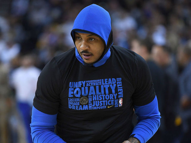 OAKLAND, CA - FEBRUARY 06: Carmelo Anthony #7 of the Oklahoma City Thunder warms up prior to the start of an NBA basketball game against the Golden State Warriors at ORACLE Arena on February 6, 2018 in Oakland, California.