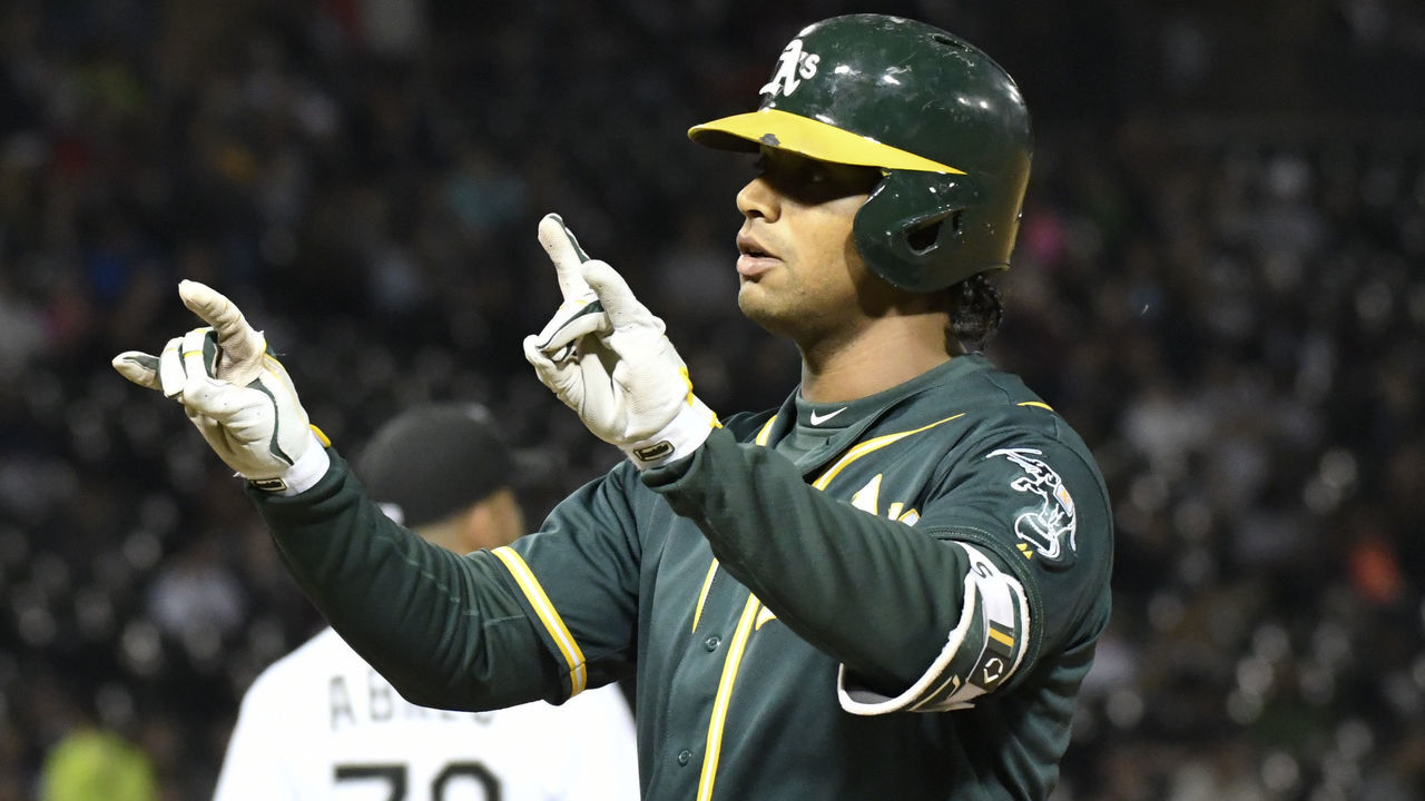 CHICAGO, IL - JUNE 22: Khris Davis #2 of the Oakland Athletics reacts after hitting a two-RBI single against the Chicago White Sox during the eighth inning in game two of a doubleheader on June 22, 2018 at Guaranteed Rate Field in Chicago, Illinois.