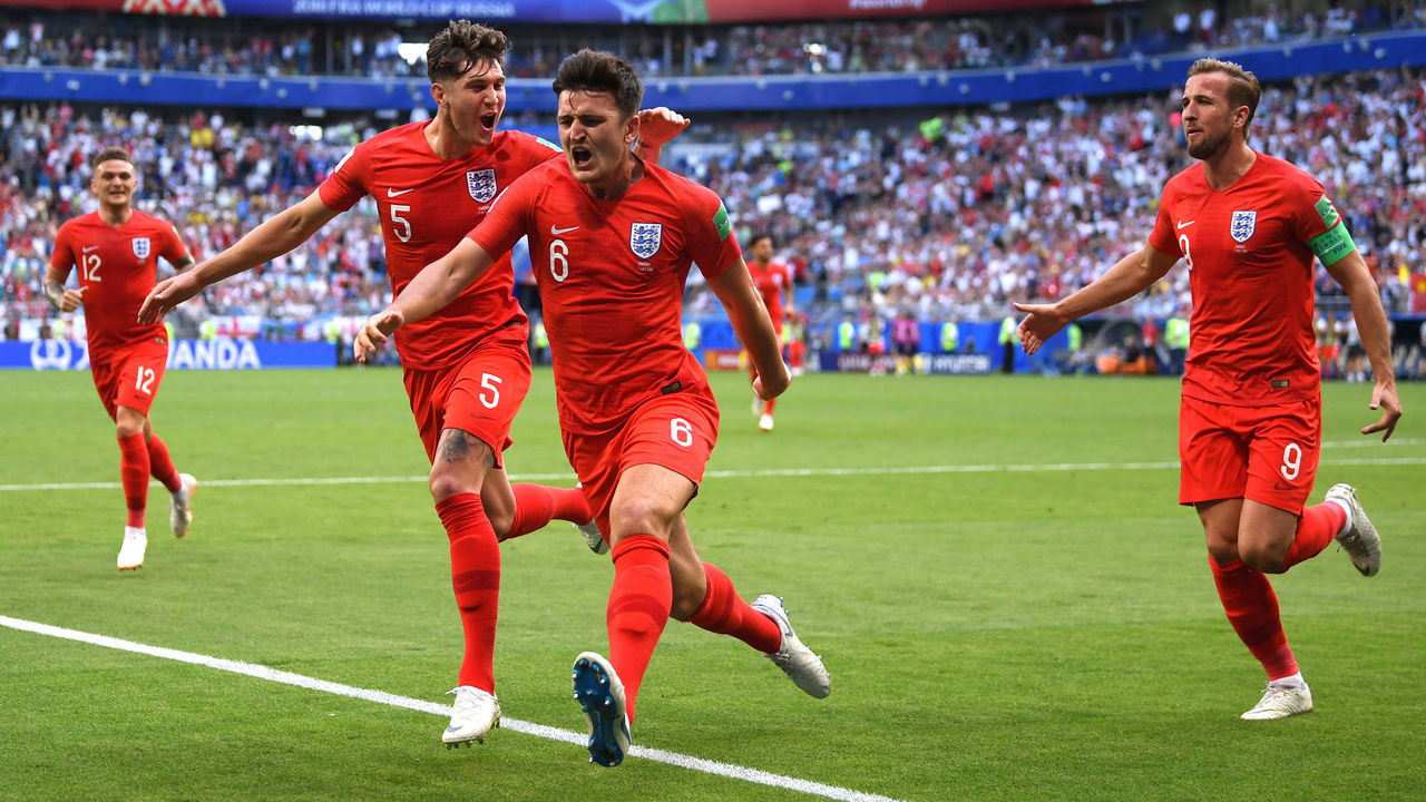 SAMARA, RUSSIA - JULY 07: Harry Maguire of England celebrates after scoring his team's first goal during the 2018 FIFA World Cup Russia Quarter Final match between Sweden and England at Samara Arena on July 7, 2018 in Samara, Russia.