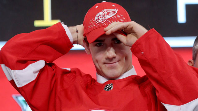 DALLAS, TX - JUNE 22: Filip Zadina reacts after being selected sixth overall by the Detroit Red Wings during the first round of the 2018 NHL Draft at American Airlines Center on June 22, 2018 in Dallas, Texas.
