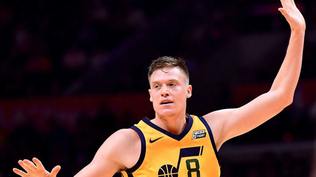 LOS ANGELES, CA - NOVEMBER 30: Jonas Jerebko #8 of the Utah Jazz celebrates his three point during a 126-107 win over the LA Clippers at Staples Center on November 30, 2017 in Los Angeles, California.