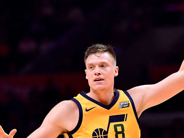LOS ANGELES, CA - NOVEMBER 30: Jonas Jerebko #8 of the Utah Jazz celebrates his three point during a 126-107 win over the LA Clippers at Staples Center on November 30, 2017 in Los Angeles, California.