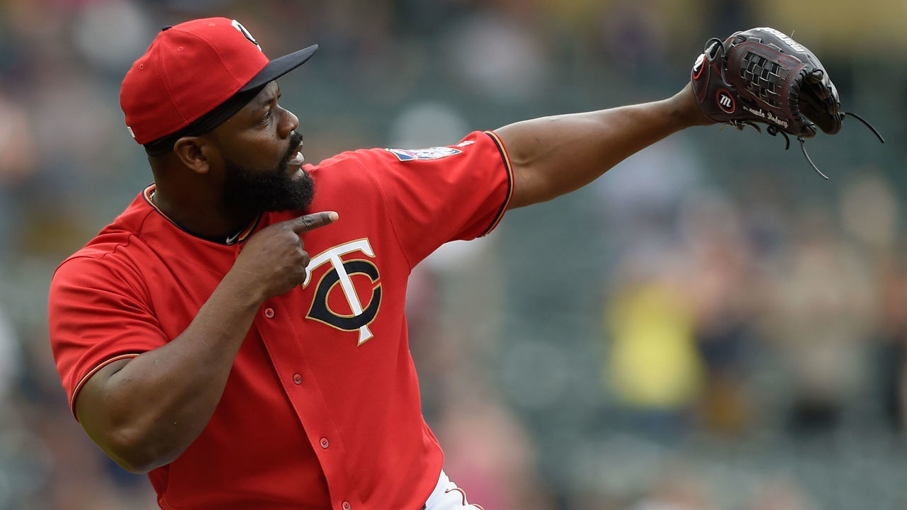 MINNEAPOLIS, MN - JUNE 24: Fernando Rodney #56 of the Minnesota Twins celebrates defeating the Texas Rangers after the game on June 24, 2018 at Target Field in Minneapolis, Minnesota. The Twins defeated the Rangers 2-0.