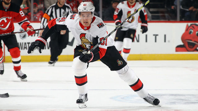 NEWARK, NJ - OCTOBER 27: Mark Stone #61 of the Ottawa Senators skates against the New Jersey Devils at the Prudential Center on October 27, 2017 in Newark, New Jersey. The Devils defeated the Senators 5-4 in the shoot out.